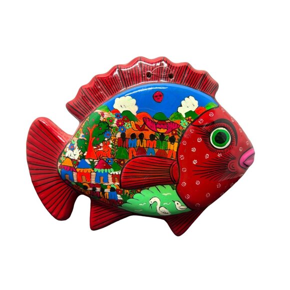 Vintage Handmade Hand Painted Red Clay Pottery Tonala Mexican Folk Art Fish Art - Picture 2 of 6